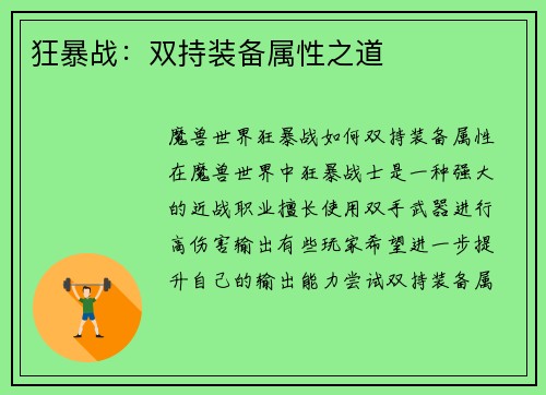 狂暴战：双持装备属性之道