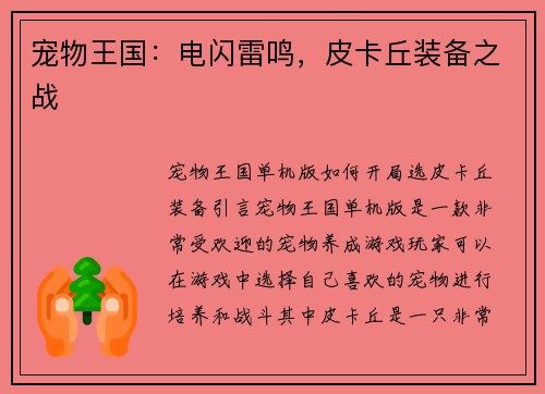 宠物王国：电闪雷鸣，皮卡丘装备之战